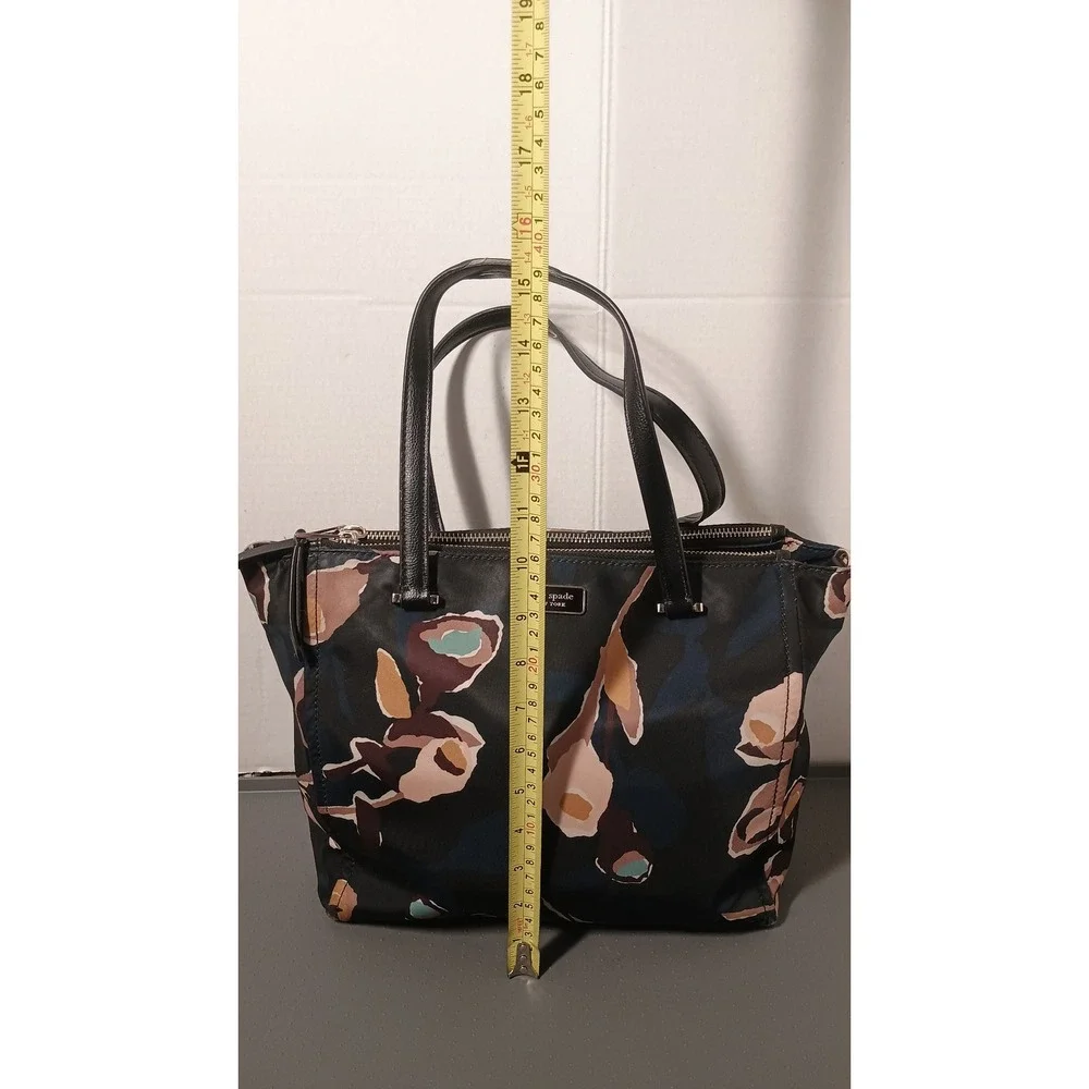 Kate Spade Tote Bag Womens Medium Black Good Floral Nylon Leather Trim Shoulder